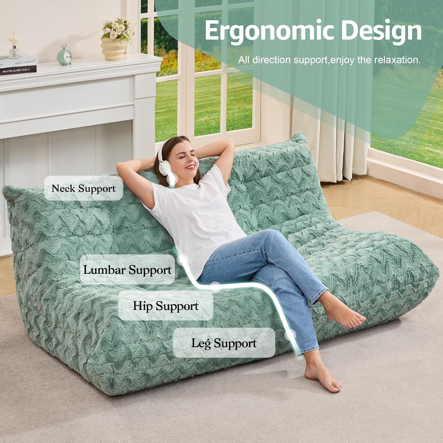 Bean Bag Chairs for Adults Giant Bean Bag Chair Memory Foam BeanBag Chair Bean Bag Sofa with Filler Faux Fur Fireside Beanbags Lazy Sofa for Living Room Bedroom Office (Green Chevron, 3-Seater)