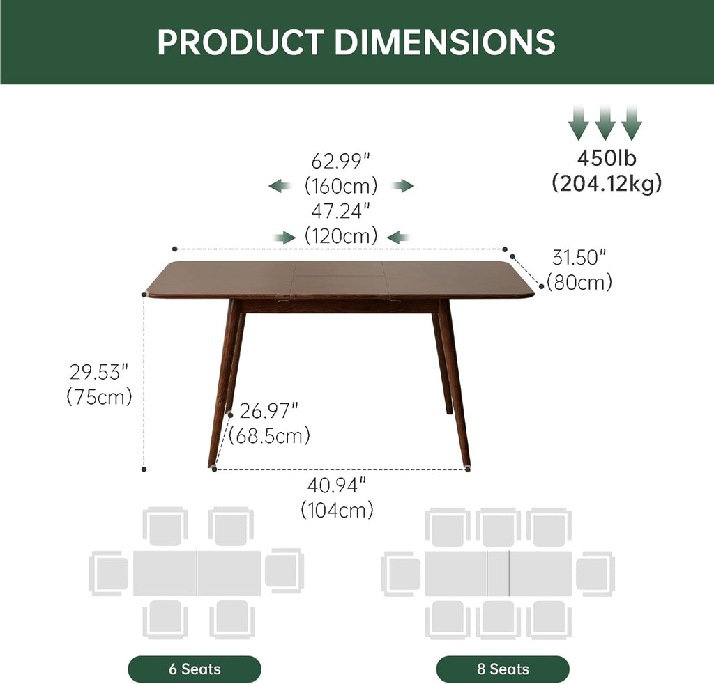 47''-63'' 100% Oak Extendable Dining Table, Solid Wood Folding Kitchen Table, Mid Century Modern Dinner Table for Kitchen, Apartment, Living Room (47''-63'' Walnut)