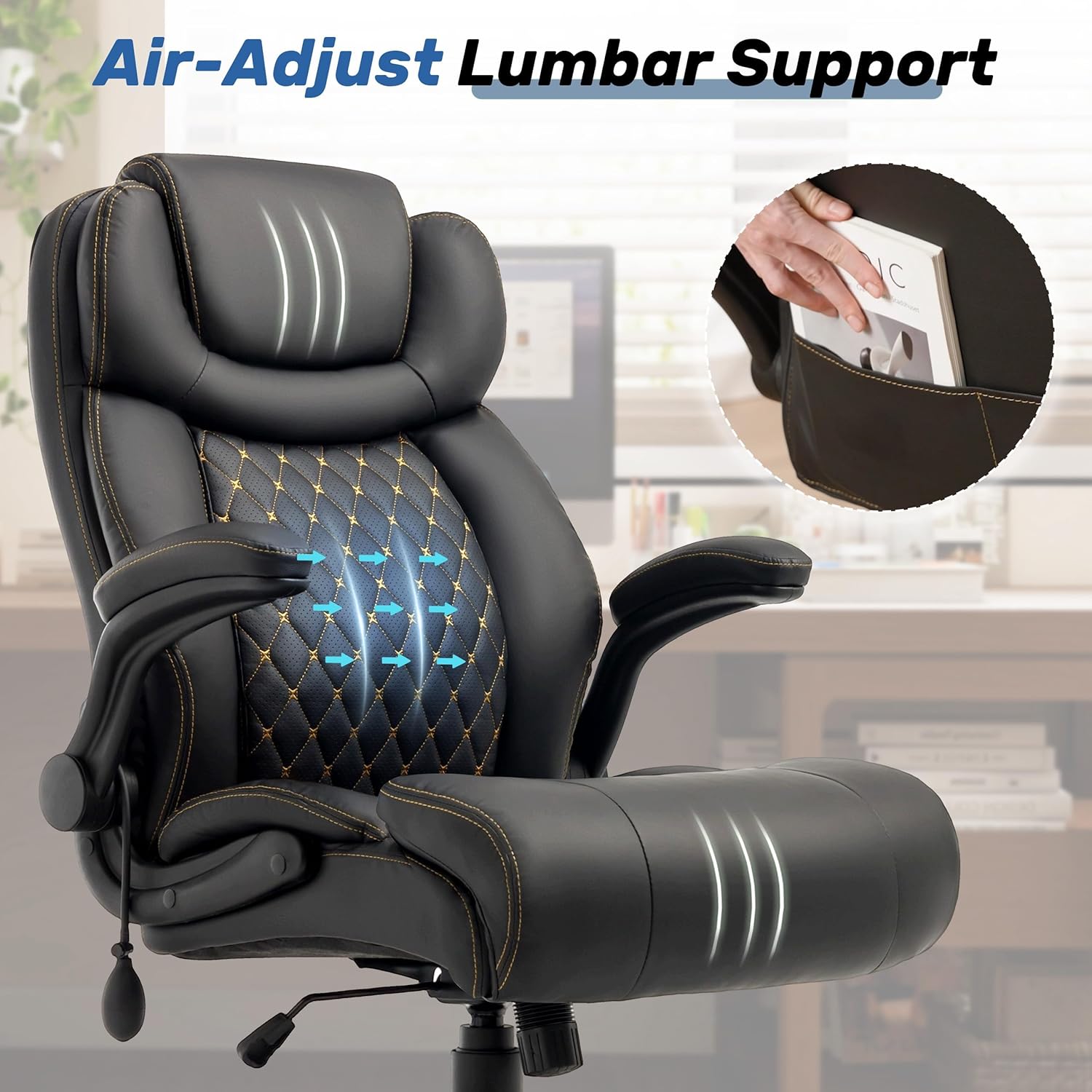 550LBS Big and Tall Office Chair, Comfy Heavy Duty Executive Chair with Adjustable Lumbar Support Double Spaces Casters, PU Leather Extra Wide Seat Ergonomic Computer Desk Chair for Back Pain, Black