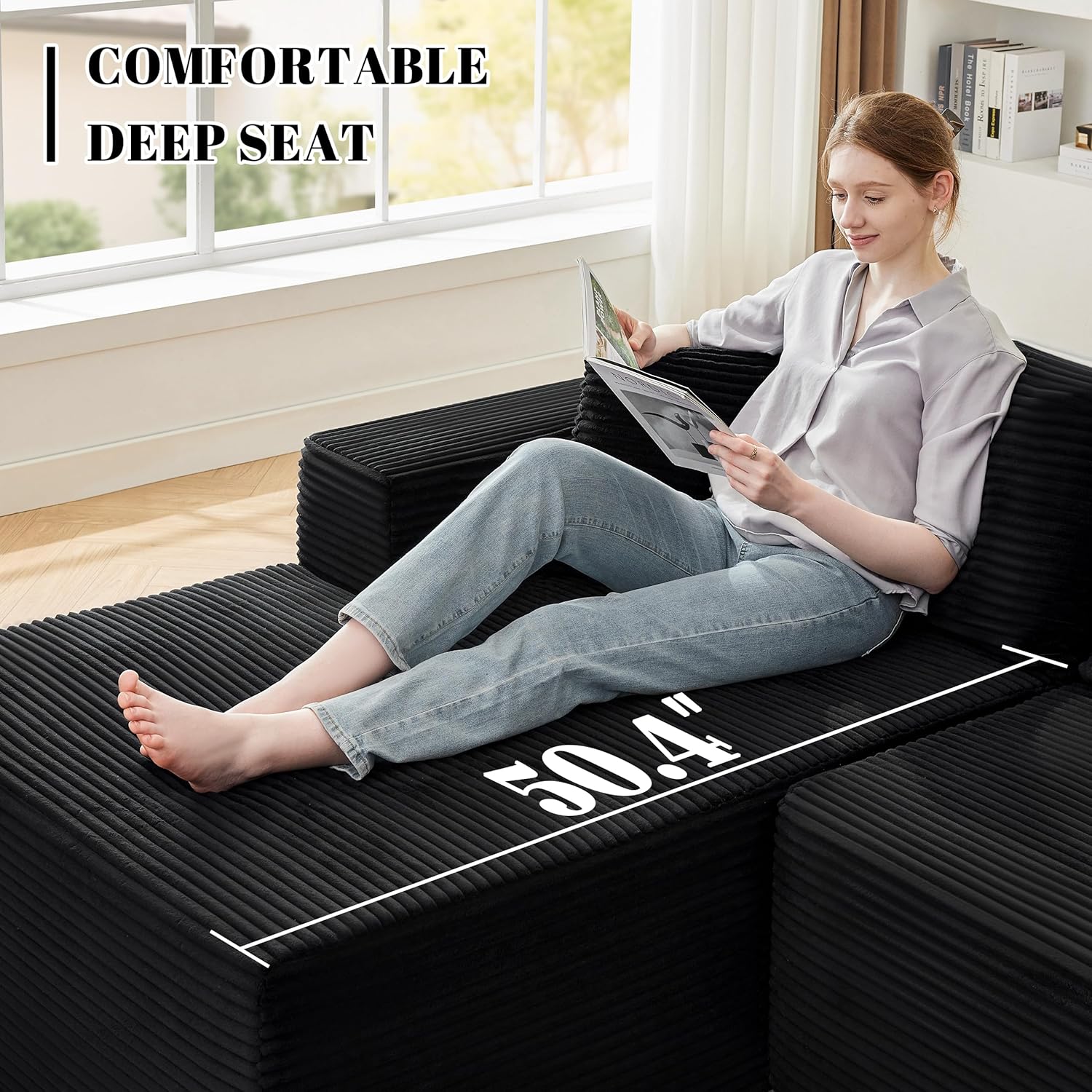 110” Cloud Sectional Couch, Boneless Sofa for Living Room, Modular Sectional Sofa with Deep Seat, Comfy Fluffy Couch with L-Shaped Chaise, No Assembly Required (Left-Facing Chaise, Black)