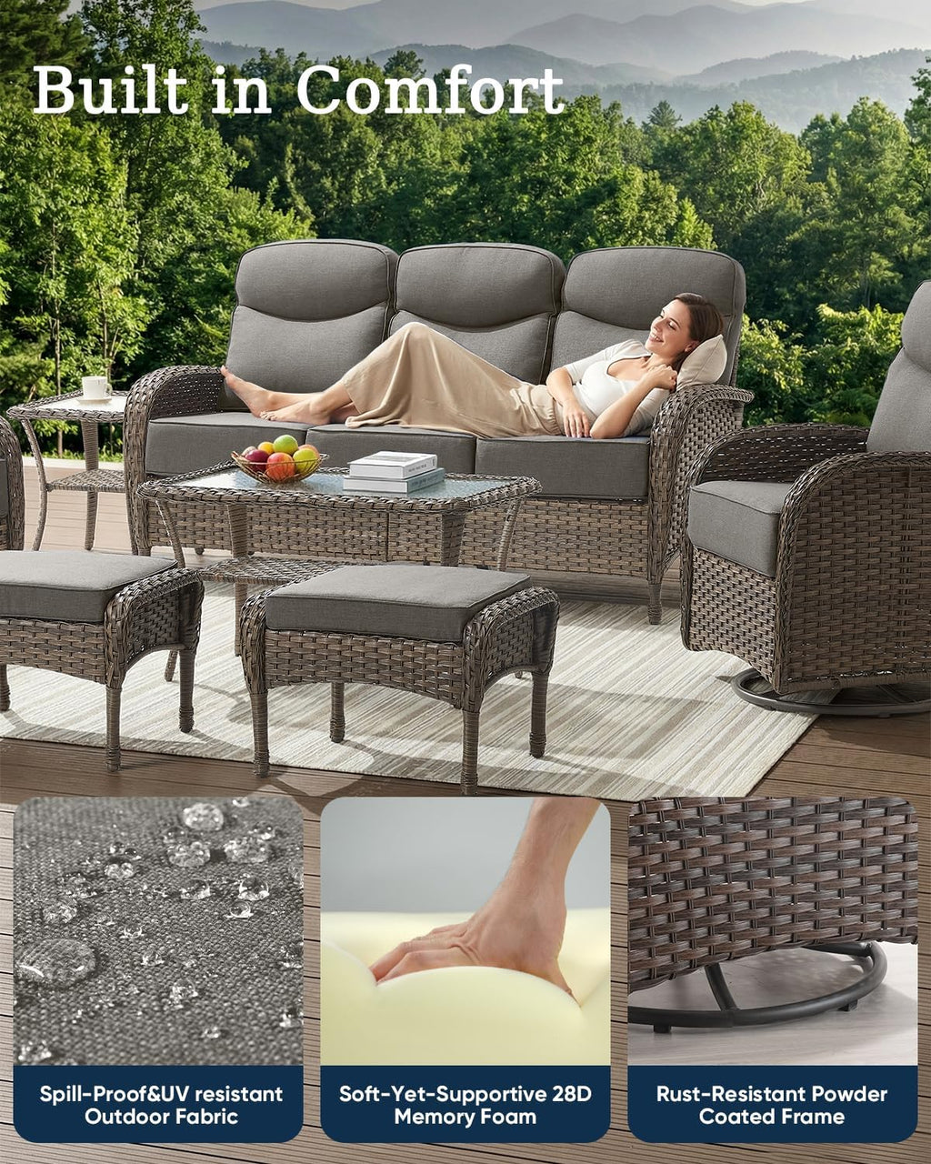 Luxury Outdoor Swivel Rocker Patio Chairs of 4 with Fire Pit Table - 5 Piece Furniture Set with 6-Inch Smile Cushions High Back Brown Wicker Rattan Gliders for Porch Balcony Deck - Grey