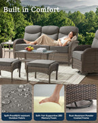Luxury Outdoor Swivel Rocker Patio Chairs of 4 with Fire Pit Table - 5 Piece Furniture Set with 6-Inch Smile Cushions High Back Brown Wicker Rattan Gliders for Porch Balcony Deck - Grey