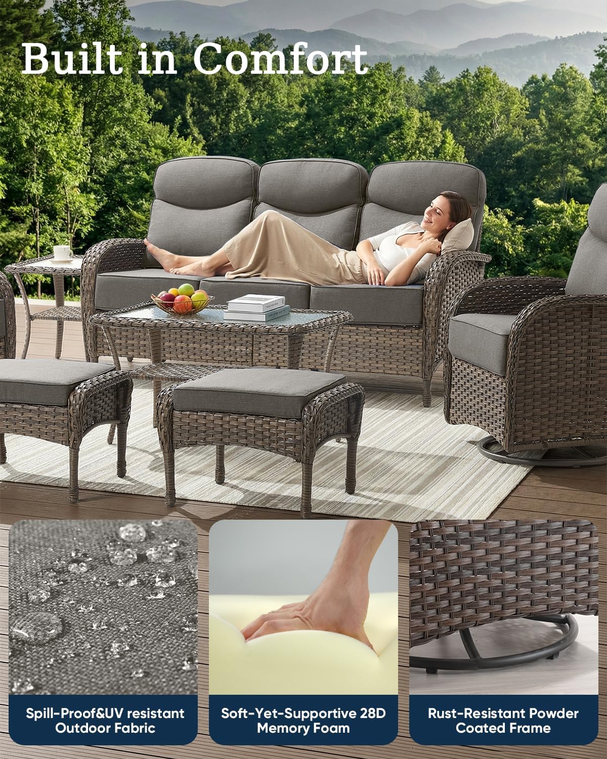 Luxury Outdoor Swivel Rocker Patio Chairs of 4 with Fire Pit Table - 5 Piece Furniture Set with 6-Inch Smile Cushions High Back Brown Wicker Rattan Gliders for Porch Balcony Deck - Grey