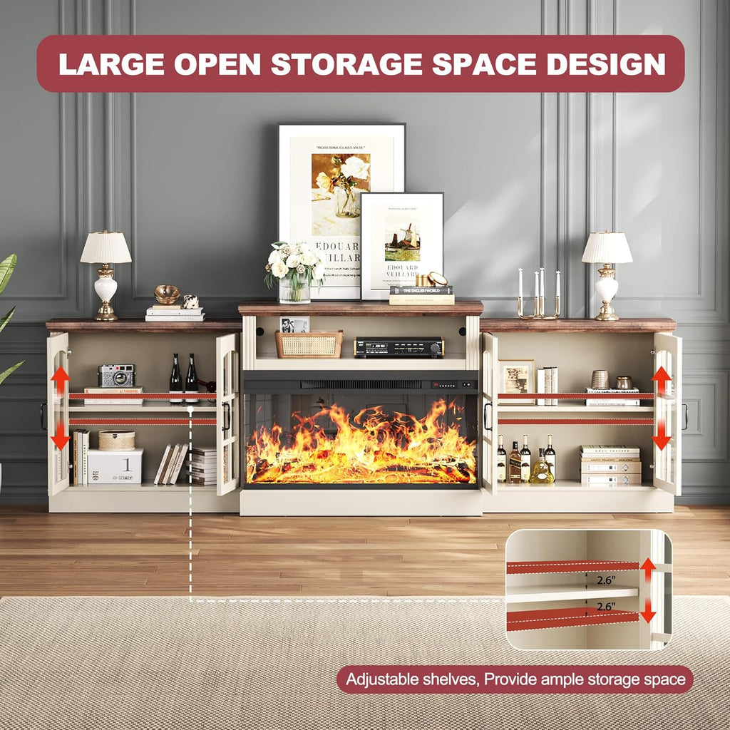 97" Fireplace TV Stand with 36" Electric Fireplace, Farmhouse Entertainment Center for TVs up to 100", Media Console Table with Large Storage Cabinets, for Living Room, White