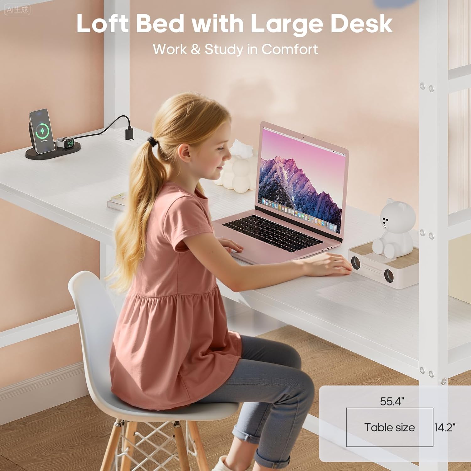 ADORNEVE Loft Bed Full Size with Desk and 8 Storage Drawers, LED Metal Loft Bed with Power Outlet, 2 Shelves & Clothing Rack, Bed with Safety Guardrail & Ladder,Space-Saving, White