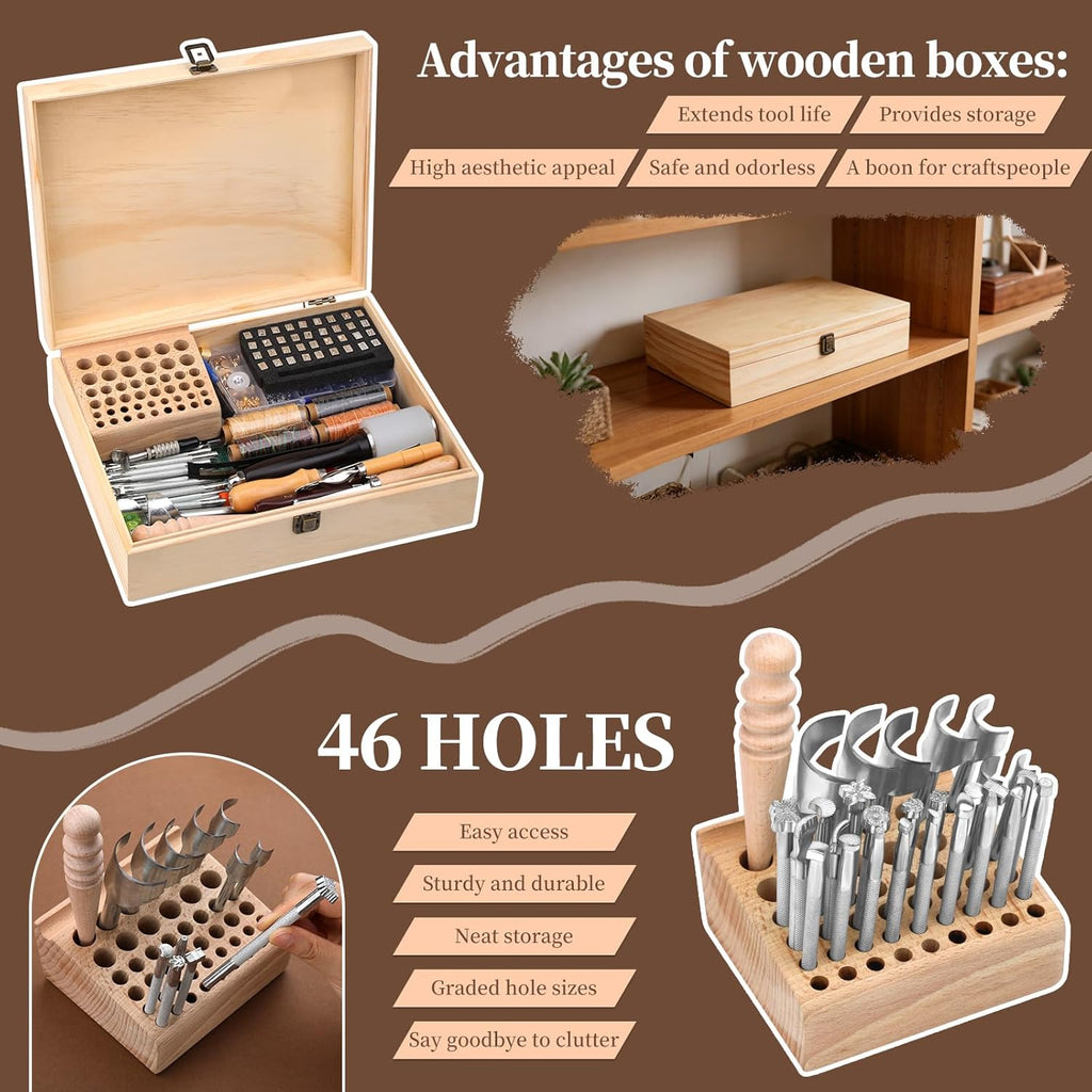 424 Pcs Leather Working Tools Leather Tools Leathers Tooling Kit Leathers Hole Punch Tool with Instructions, Sewing Kit, Wooden Storage Box, Stamping Set