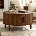 ZttRiee Coffee Table for Living Room, Modern Round Coffee Table with Cabinets & Sliding Doors, Home Small Space, 29.9" Fluted Center Table, Walnut
