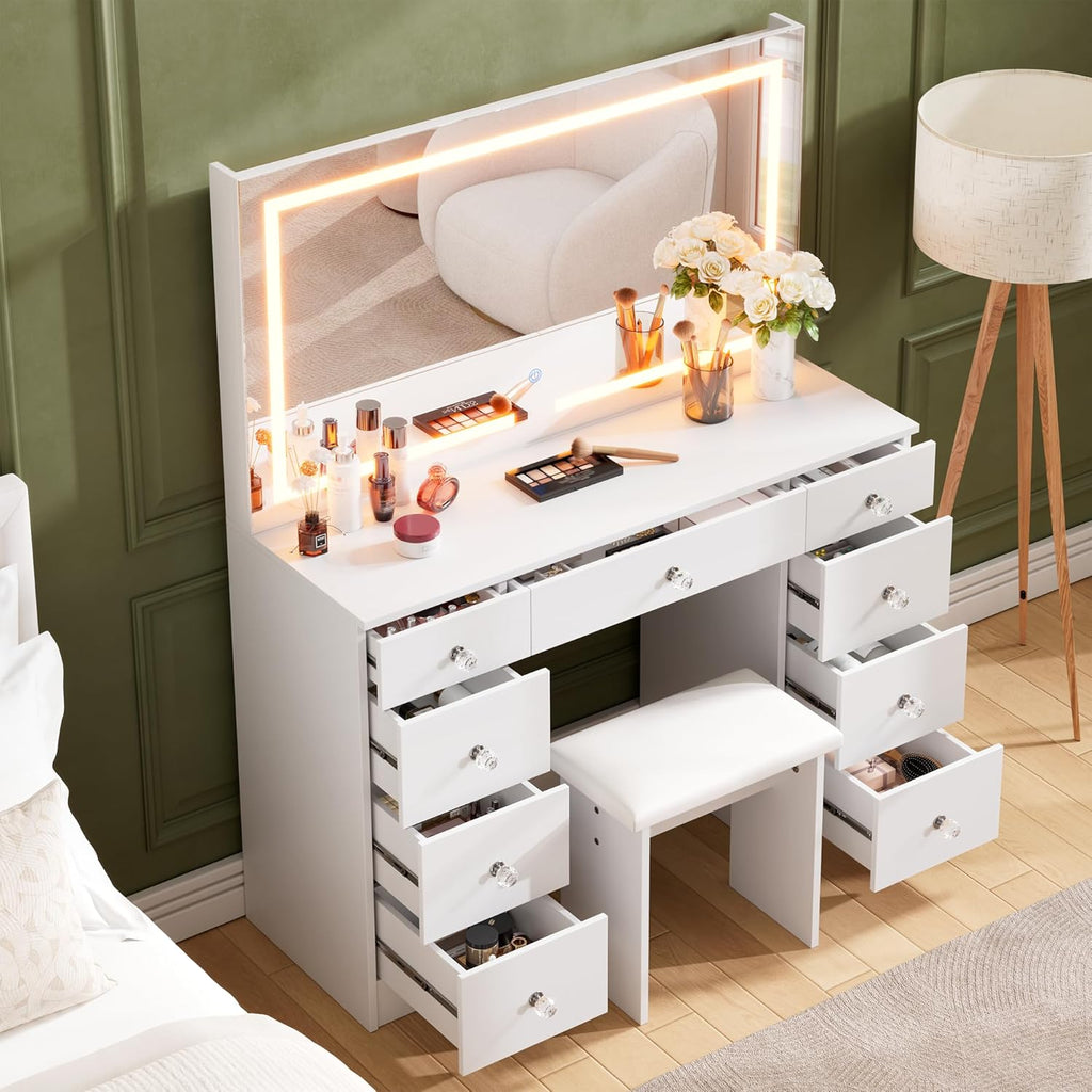 SMOOL Vanity with Mirror and Lights - Vanity Desk with Power Outlet and 9 Drawers, 3 Color Lighting Modes, Adjustable Brightness, Makeup Vanity with Soft Cushioned Stool for Bedroom, White 43Inches