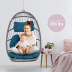 Hanging Egg Chair - Patio Rattan Wicker Swing Egg Chair Hammock Chair for Indoor Outdoor Bedroom Garden - Aluminum Steel Frame UV Resistant Cushion (Aluminum-Without Stand, Teal Blue)