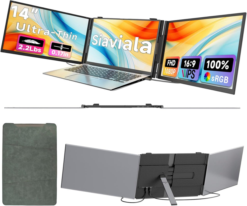 Laptop Screen Extender 0.17" Ultra-Thin  14" 1080P FHD IPS Portable Monitor  Triple Screen Laptop Monitor Extender for 13"-17" Laptops  Plug & Play for Mac/Android/Chrome