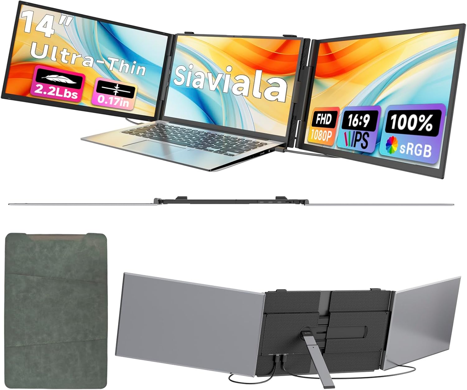 Laptop Screen Extender 0.17" Ultra-Thin  14" 1080P FHD IPS Portable Monitor  Triple Screen Laptop Monitor Extender for 13"-17" Laptops  Plug & Play for Mac/Android/Chrome