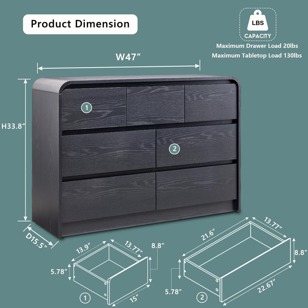 Modern 7 Drawers Dresser for Bedroom, 47" Wide Wood Dressers & Chests of Drawers w/Curved Profile Design, Mid Century Modern Dresser w/Natural Texture for Bedroom, Living Room, Black