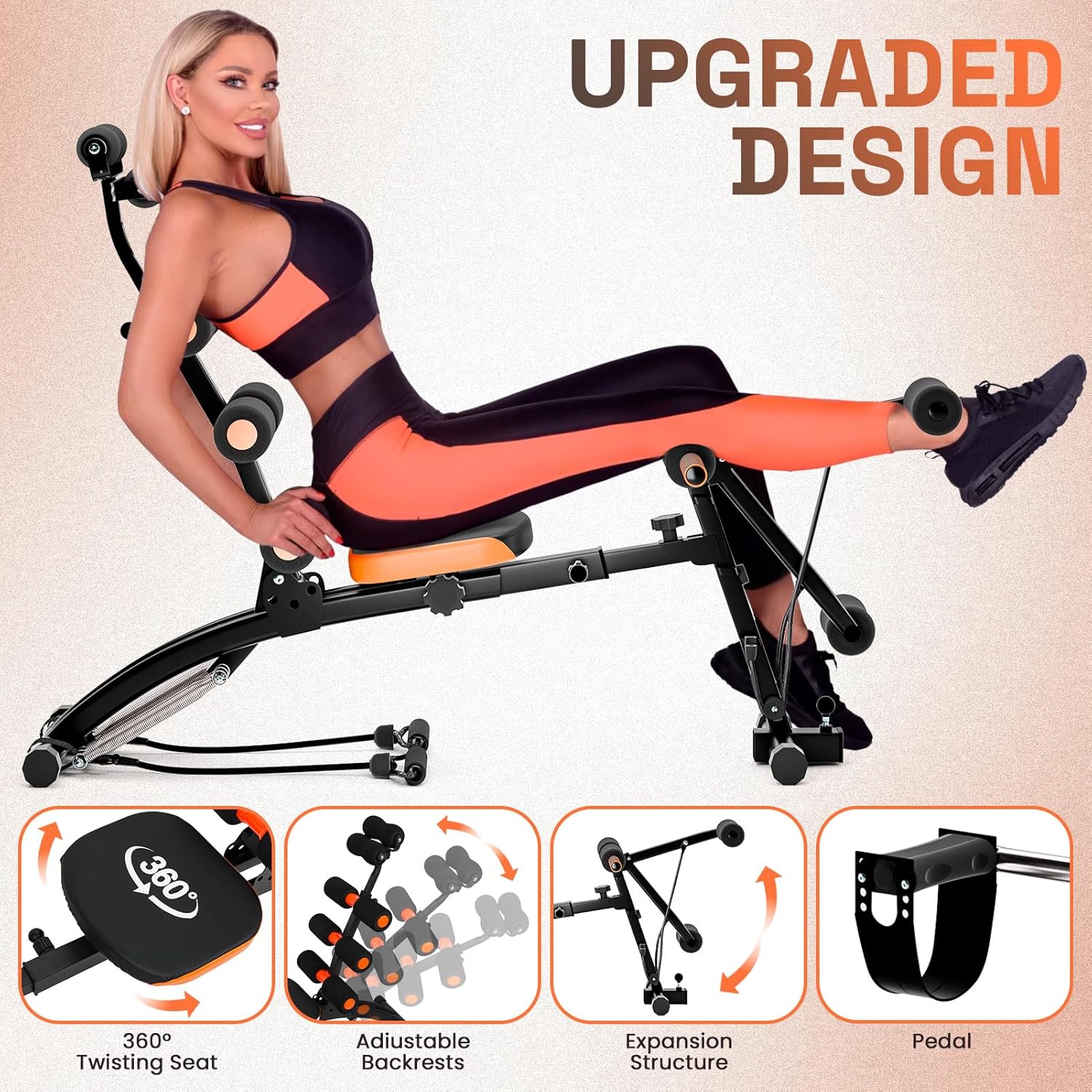 Ab Machine for Home Gym, 6 in 1 Adjustable Ab Workout Bench and Core Trainer, Foldable Sit Up Equipment with Resistant Bands for Total Body Fitness