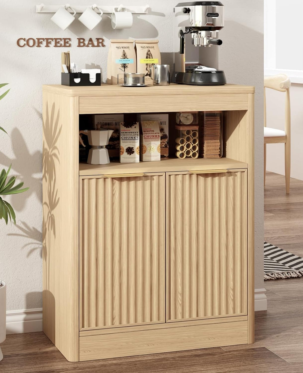 Fluted Buffet Cabinet with Storage, Small Coffee Bar Cabinet with Doors & Adjustable Shelves, Wood Storage Cabinet for Kitchen, Living Room, Entryway, Oak