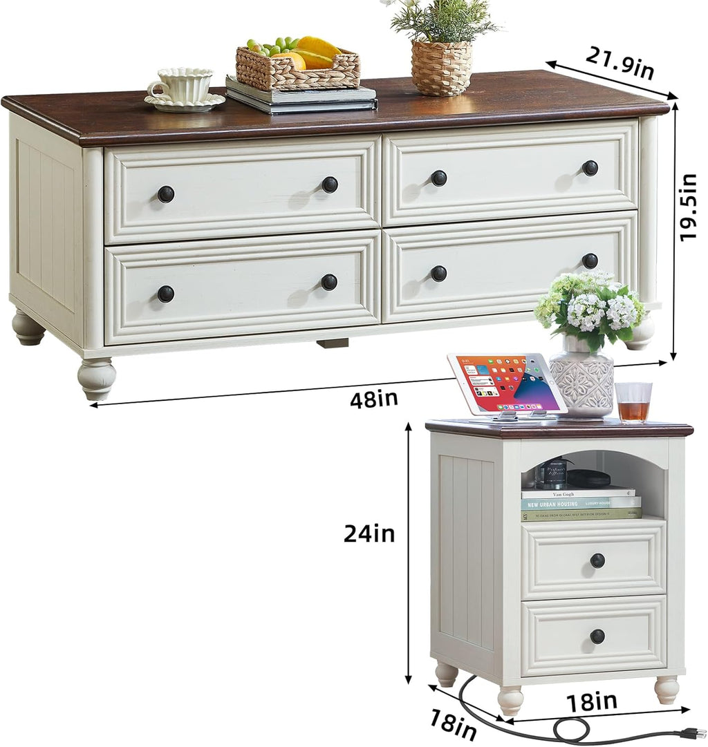 Farmhouse Coffee Table and Night Stand Set of 3,Wood 48" Center Table and 18'' Wide Nightstand with Charging Station,Coffee and End Tables 3-Piece Set for Home Living Room Hallway,White