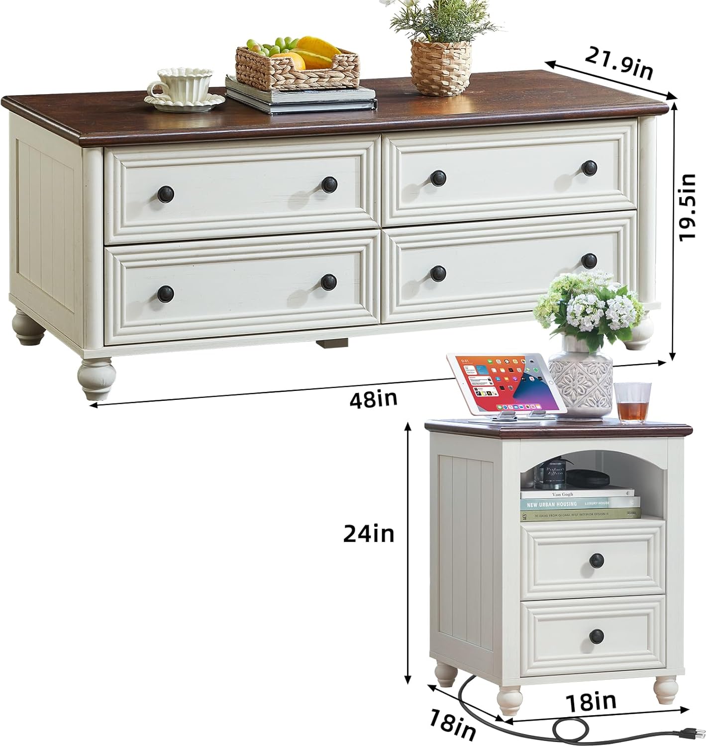 Farmhouse Coffee Table and Night Stand Set of 3,Wood 48" Center Table and 18'' Wide Nightstand with Charging Station,Coffee and End Tables 3-Piece Set for Home Living Room Hallway,White