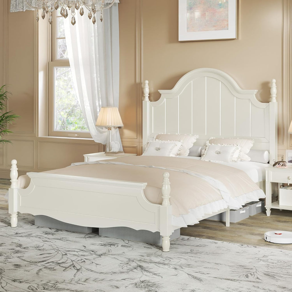 AMERLIFE Solid Wood Queen Bed Frame with 56" Arched Headboard, Traditional Poster Bed with Wooden Slats Support, No Box Spring Needed, Easy Assembly, White