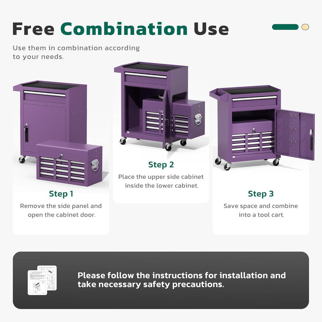 Greenvelly Tool Chest, 5-Drawer Rolling Tool Chest with Hooks and Lockable Wheels, Detachable Top Tool Box, Toolbox with Wheels, Rolling Tool Box for Mechanics Garage Workshop and Tool Room (Purple)