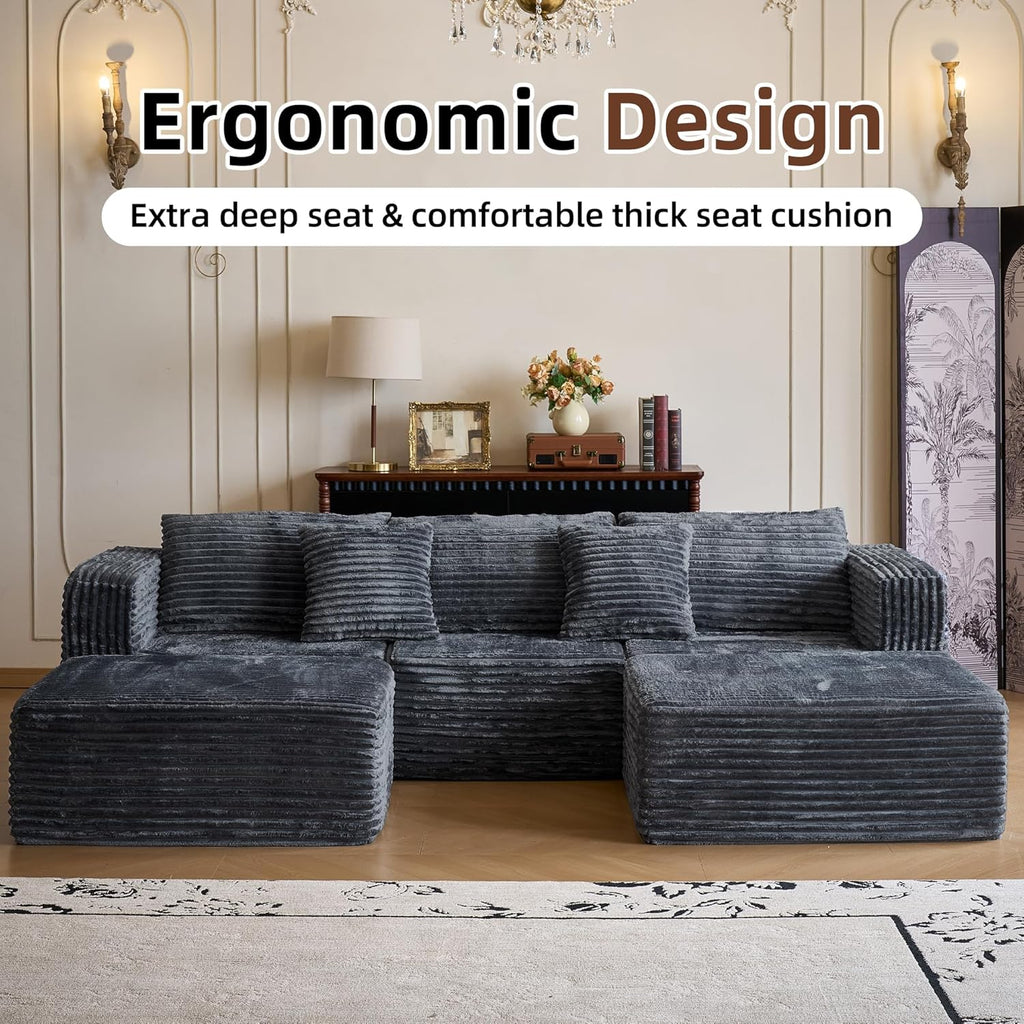 110" Modular Sectional Couch with 2 Movable Ottoman, Cloud Sofa Couches for Living Room, U Shaped Deep Seat Boneless Sofa,Luxury Corduroy Fabric, No Assembly Required Grey