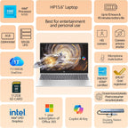 HP 15.6" Laptop – Complete Productivity Solution  Windows 11 with Microsoft Office  Intel 4 Core N100  8GB RAM  640GB Storage (128GB UFS + 512GB SD Card)  Copilot AI  Lightweight – Silver