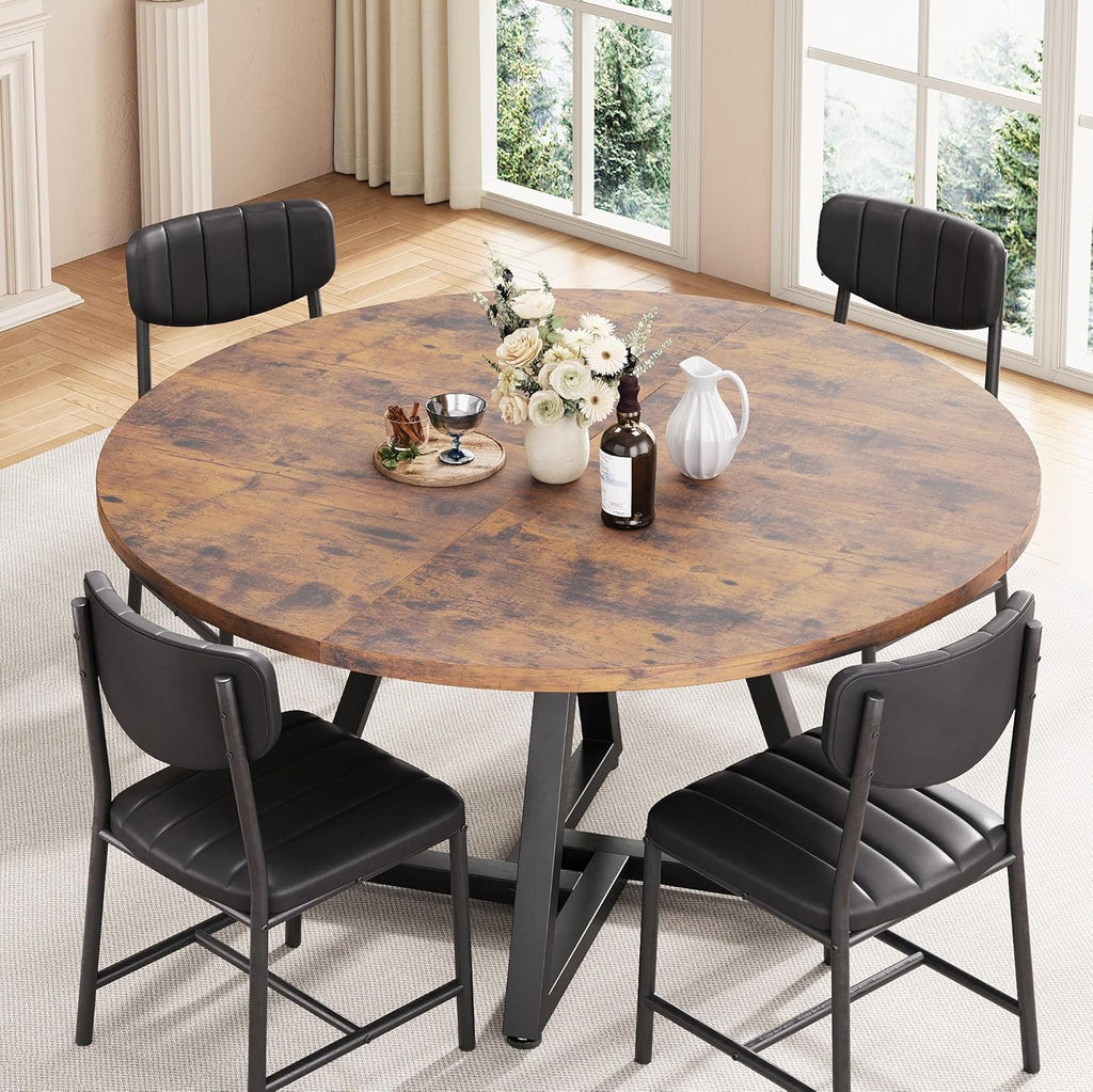 Jocoevol Round Kitchen Dining Room Table Circle Dining Dinner Table with Pedestal Metal Frame, Space Saving Wood Industrial Furniture for Small Space (Rustic Brown, 47IN)