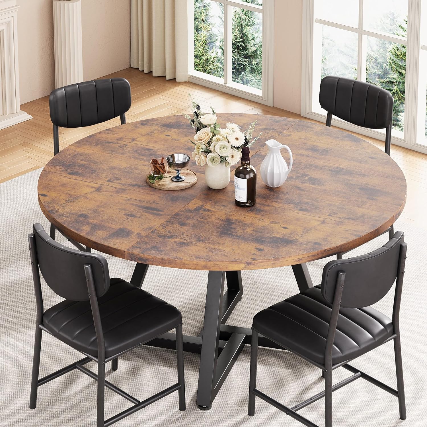 Jocoevol Round Kitchen Dining Room Table Circle Dining Dinner Table with Pedestal Metal Frame, Space Saving Wood Industrial Furniture for Small Space (Rustic Brown, 47IN)