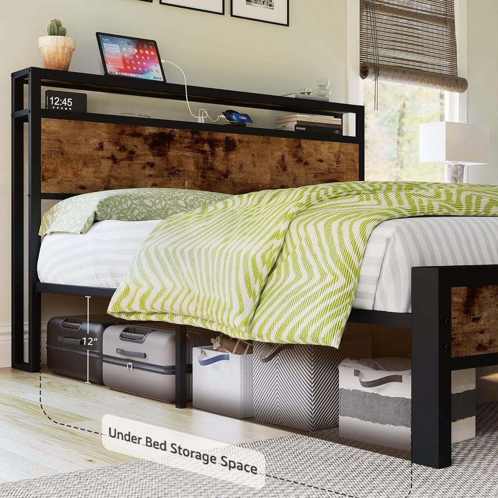 Queen Size Bed Frame, Platform Bed Frame with 2-Tier Storage Headboard and Charging Station/No Box Spring Needed/Noise Free/Industrial/Rustic Brown