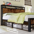 Queen Size Bed Frame, Platform Bed Frame with 2-Tier Storage Headboard and Charging Station/No Box Spring Needed/Noise Free/Industrial/Rustic Brown
