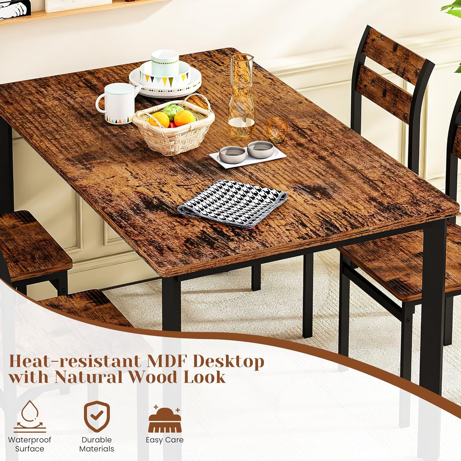 DKLGG Dining Room Table Set for 4 Farmhouse 5 Piece Dining Table Set, Small Kitchen Table Set for 4 for Kitchen and Dining, Apartment (Rustic Brown)