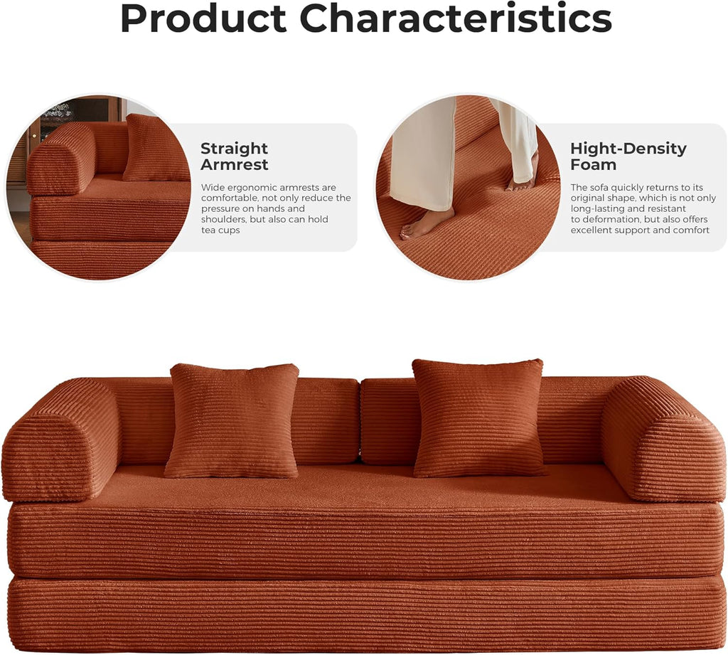 79'' Convertible Sofa Bed, 5-in-1 Folding Corduroy Sleeper Couch with Pull Out Bed, Oversized Modular Floor Sofa, No Assembly, Space-Saving Guest Bed for Apartment Living Room Bedroom (Orange) | Convertible Sofa Bed