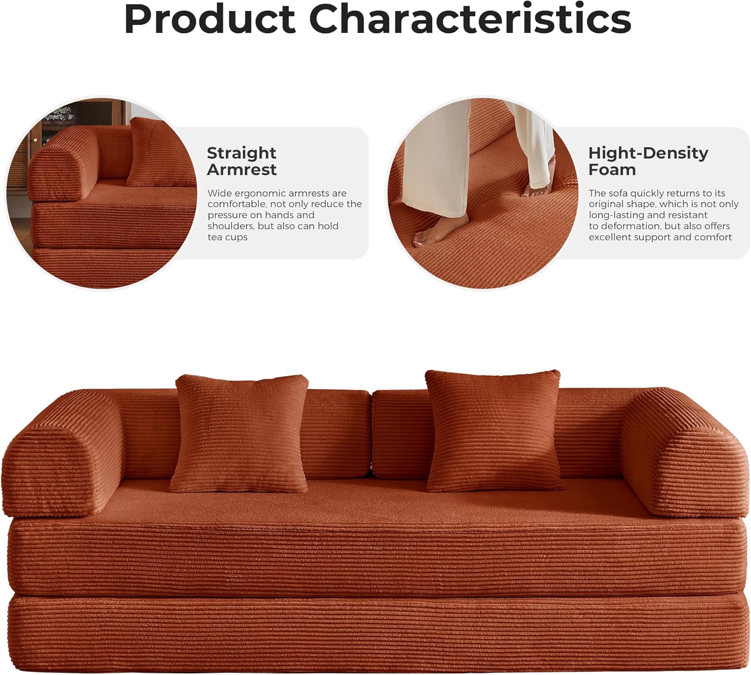 79'' Convertible Sofa Bed, 5-in-1 Folding Corduroy Sleeper Couch with Pull Out Bed, Oversized Modular Floor Sofa, No Assembly, Space-Saving Guest Bed for Apartment Living Room Bedroom (Orange) | Convertible Sofa Bed