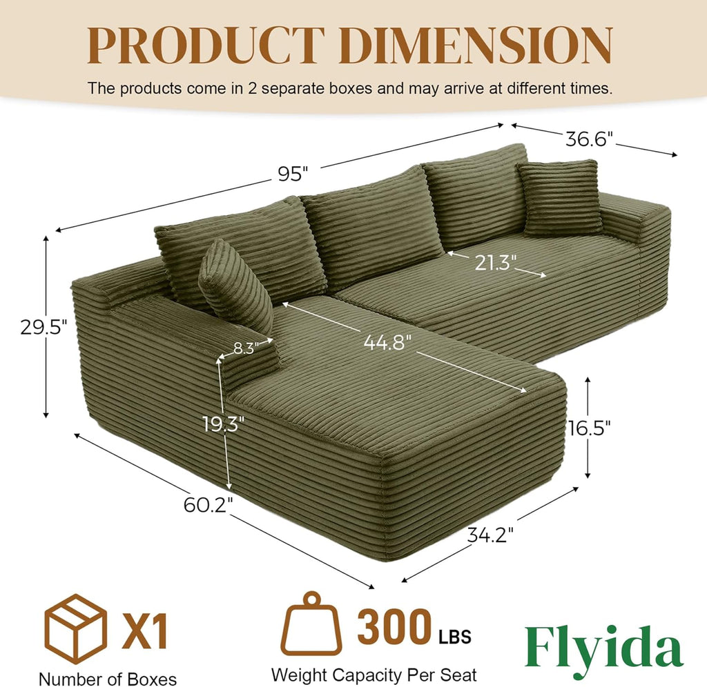 95" Boneless Cloud Sectional Couches for Living Room, Comfy Fluffy L Shaped Memory Foam Deep Seat Boneless Couch, Modular Sectional Sofa with Left Facing Chaise, Olive Green