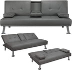 Yaheetech Convertible Sofa Bed Adjustable Couch Sleeper Modern Faux Leather Home Recliner Reversible Loveseat Folding Daybed Guest Bed, Removable Armrests, Cup Holders, 3 Angles, 772lb Capacity, Black