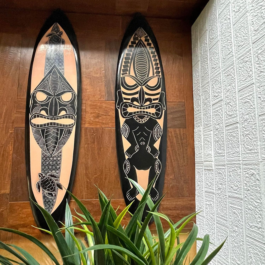 Things2Die4 Decorative Set of 2 Wall-Hanging Surfboards – Hand-Carved Wood with Tiki Mask Designs – Black with Natural Brown Accents – 39 inches Long – Tropical Island Inspired Wall Art