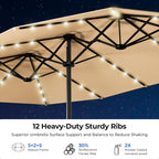 HOMSHADE 15FT Motorized Electric Large Patio Umbrella with Base and Solar Lights Outdoor, Double-Sided Rectangle Umbrella with Remote Control, 30° Auto-Open for Pool Deck Table Market Backyard, Beige