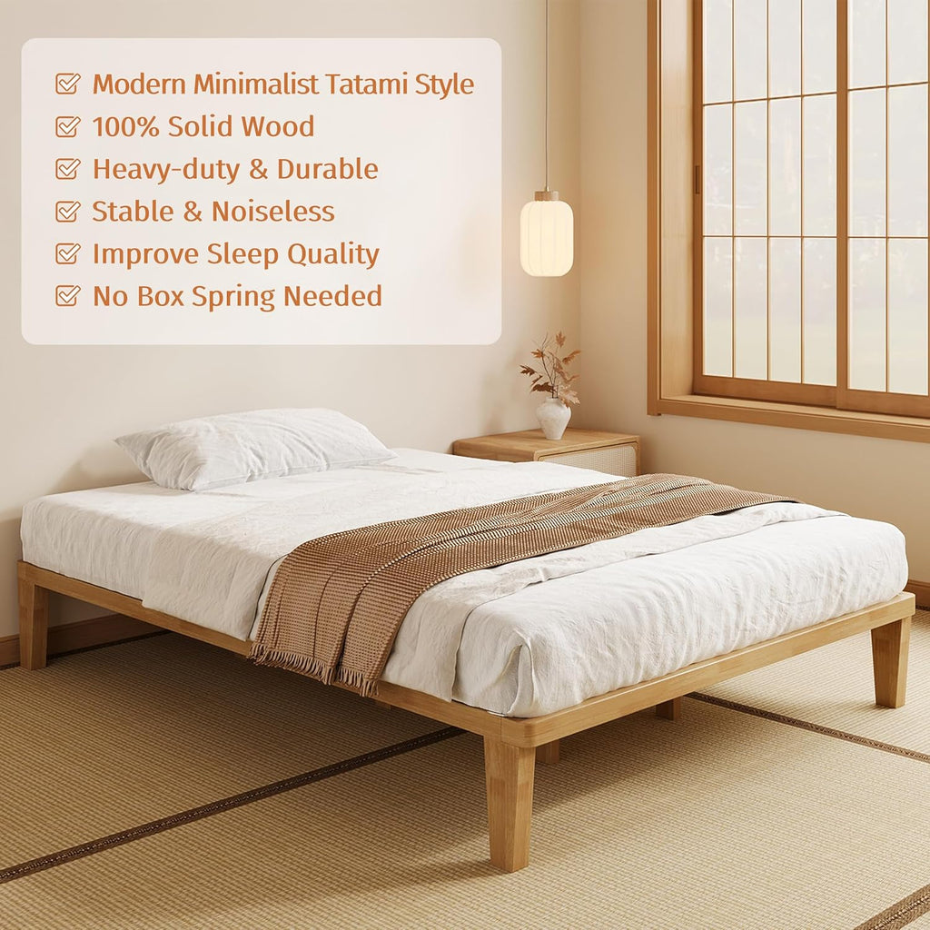 IOTXY Full Platform Bed Frame - 12 Inch Solid Wood Mattress Foundation Base with Heavy-Duty Support Slats & Legs, Rubberwood Full-Size Bedframe