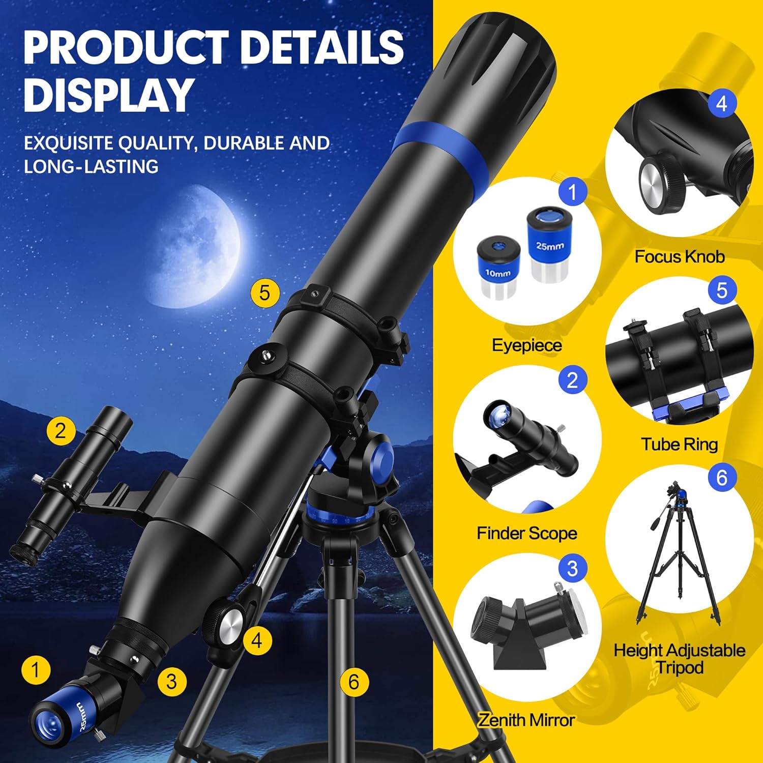 Telescope  90mm Aperture 800mm-Telescope for Adults & Kids  Professional Refractor Telescopes for Adults High Powered  Beginner-Friendly  Phone Adapter & Stable Stainless Tripod  Portable Carry Bag