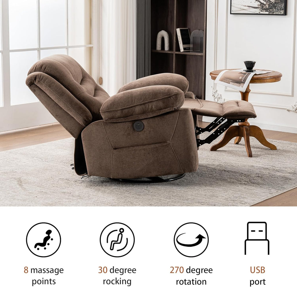 Power Swivel Rocker Recliner with Massage and Heat, USB Port, Infinite Position, Oversized Electric Glider Rocking Chairs Living Room, Soft Fabric Reclining Sofa Chair(Mocha)