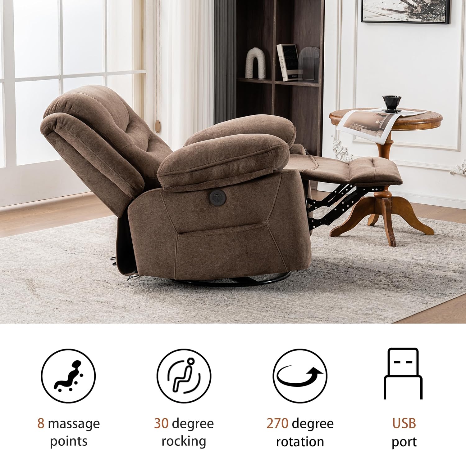Power Swivel Rocker Recliner with Massage and Heat, USB Port, Infinite Position, Oversized Electric Glider Rocking Chairs Living Room, Soft Fabric Reclining Sofa Chair(Mocha)