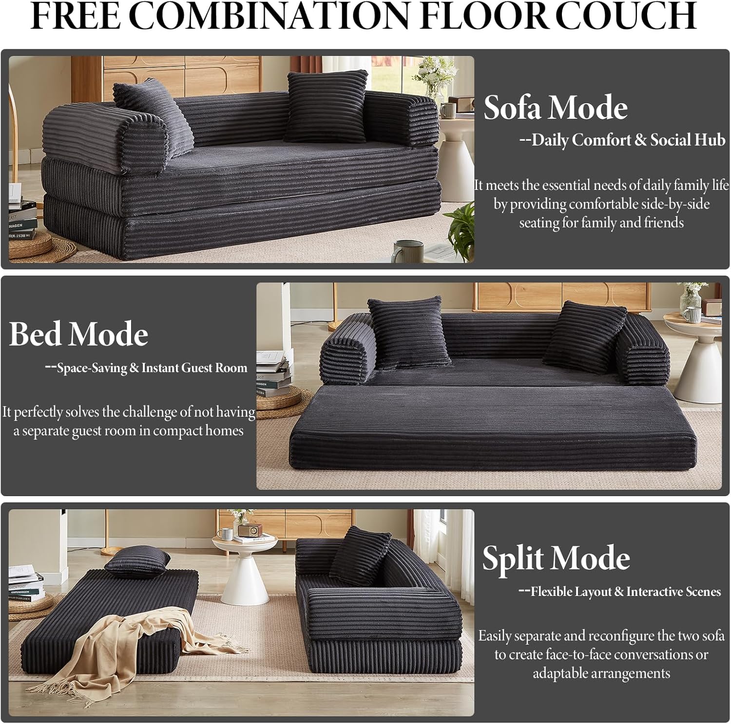 78 Inch Convertible Futon Sofa Bed,Folding Boneless Couches with Sleeper Sofa,Fold Out Floor Sofa Couch with Deep Seat,Cloud Corduroy Foldable Mattress Couch for Living Room (Dark Grey)