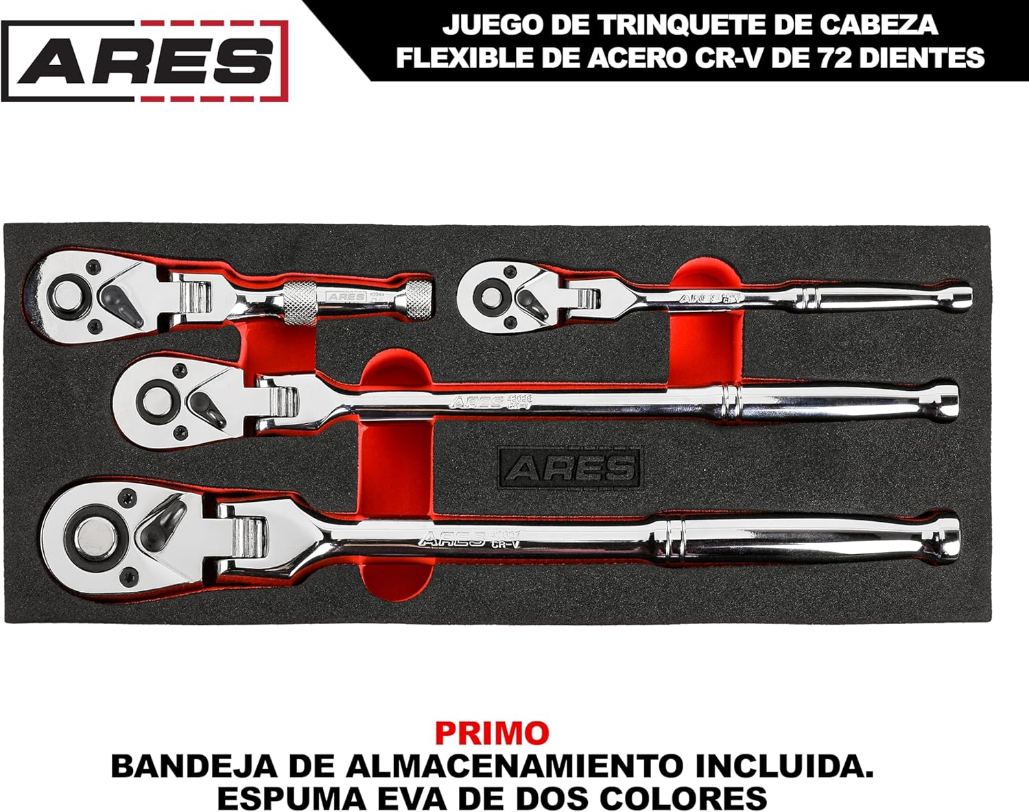 ARES 42040 - Flex Head Ratchet Set - 4-Piece 72-Tooth Ratchets - Premium Chrome Vanadium Steel Construction & Chrome Plated Finish - Quick Release Reversible Design with 5 Degree Swing