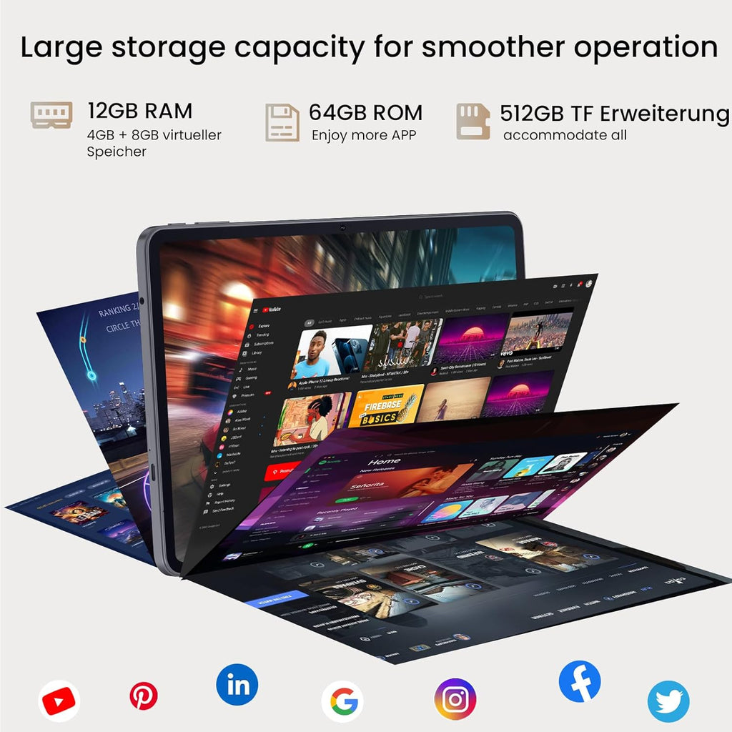 HUIHUANG 10.1 Inch Tablet, Android 15 Tablets 12GB(4+8) RAM / 64GB ROM / 1TB SD Card Expansion, 1280x800 IPS HD Touchscreen, 6000mAh Battery, Bluetooth 5.0, Dual Cameras, GMS, Dual Band WiFi, Black