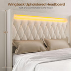 Rolanstar Full Bed Frame with LED Light and Charging Station, Upholstered High Headboard and Footboard, Wood Slats, Noise Free, Easy Assembly, Beige