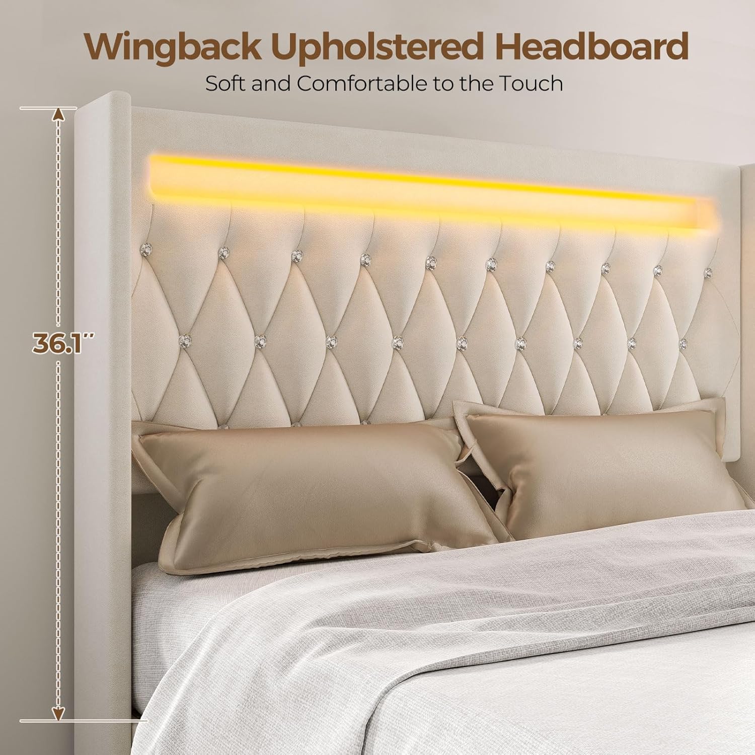 Rolanstar Full Bed Frame with LED Light and Charging Station, Upholstered High Headboard and Footboard, Wood Slats, Noise Free, Easy Assembly, Beige