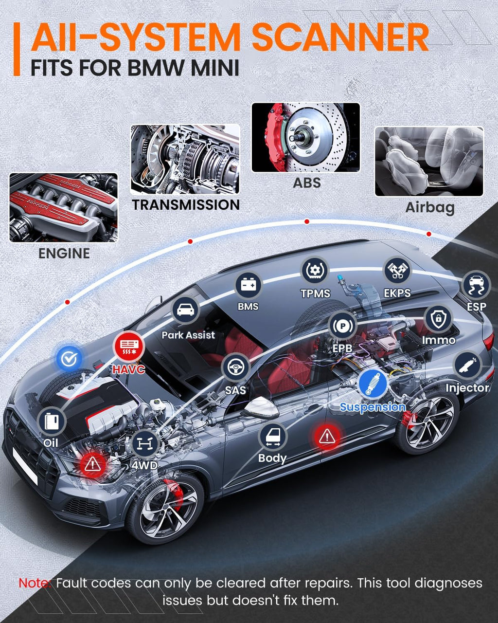 ANCEL BM500 OBD2 Scanner for BMW & MINI, Simplified Battery Registration, EPB, Oil, Throttle, PCM Resets, I/M Readiness, Full System Diagnostics for Engine, Transmission, ABS, SRS, DSC & More