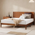 AMERLIFE Solid Wood Queen Bed Frame, Mid Century Modern Platform Bed with Full Panel Headboard, Wooden Bed with Cylindrical Legs, No Box Spring Needed & Noise-Free, Brown Walnut
