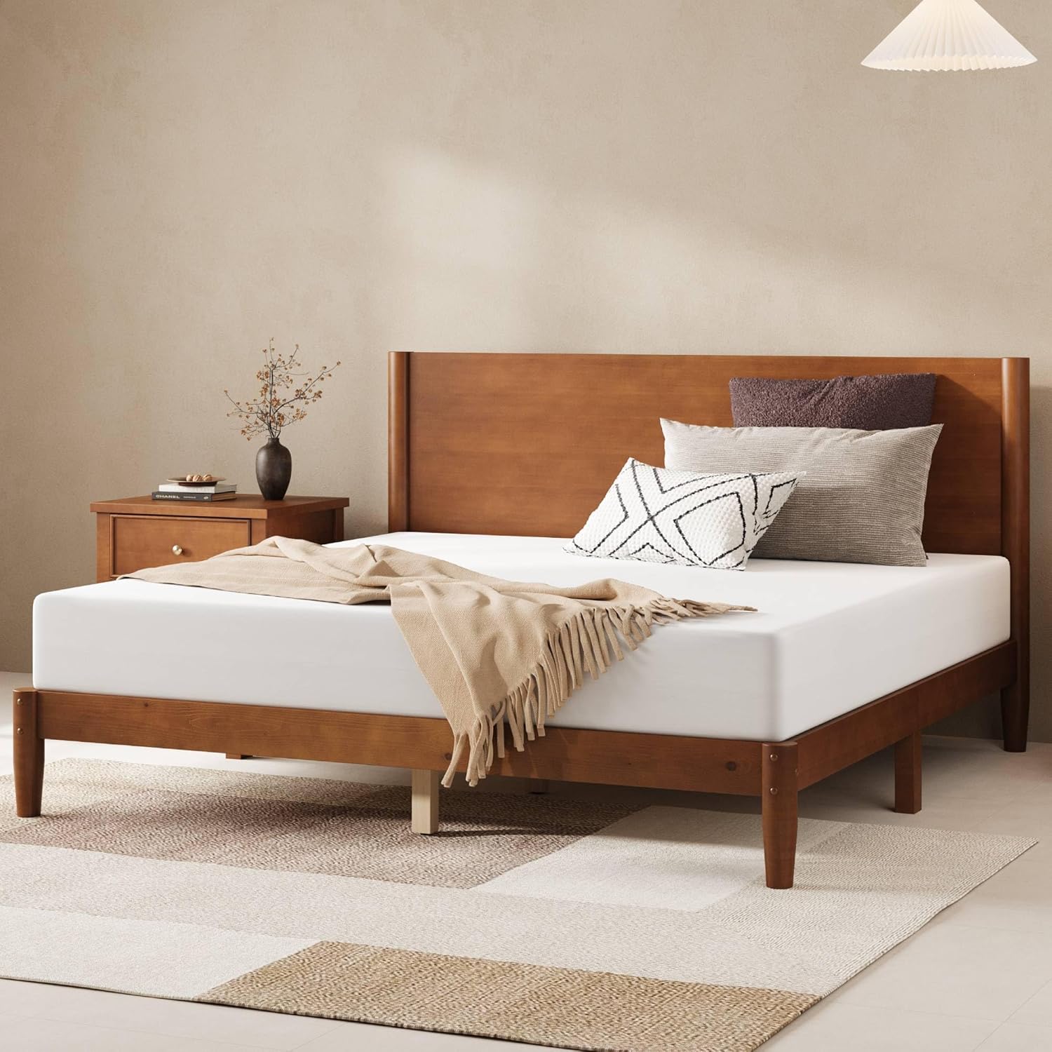 AMERLIFE Solid Wood Queen Bed Frame, Mid Century Modern Platform Bed with Full Panel Headboard, Wooden Bed with Cylindrical Legs, No Box Spring Needed & Noise-Free, Brown Walnut