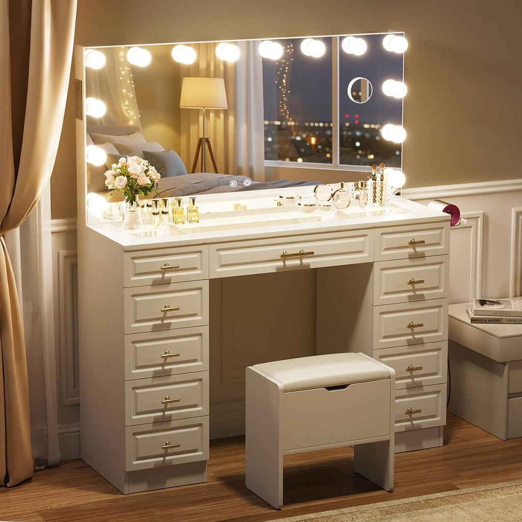 VOWNER Vanity with Lighted Mirror - Glass Top Makeup Vanity Desk w/Bluetooth Speaker, 14 Lights and 11 Drawers, 3 Color Lighting Modes Adjustable Brightness, Makeup Desk with Outlet for Bedroom, White