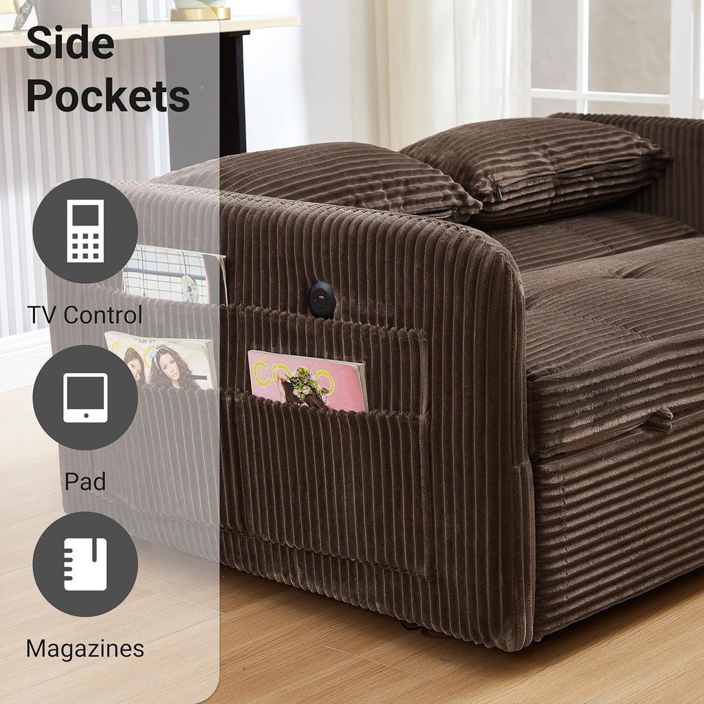 55.5" Corduroy Convertible Sofa Bed, Pull Out Sleeper Sofa Bed, Loveseat Couch with USB Charging Ports, 3 in 1 Convertible Sleeper Sofa Bed for Living Room, Apartment, Bedroom, RV, Beige