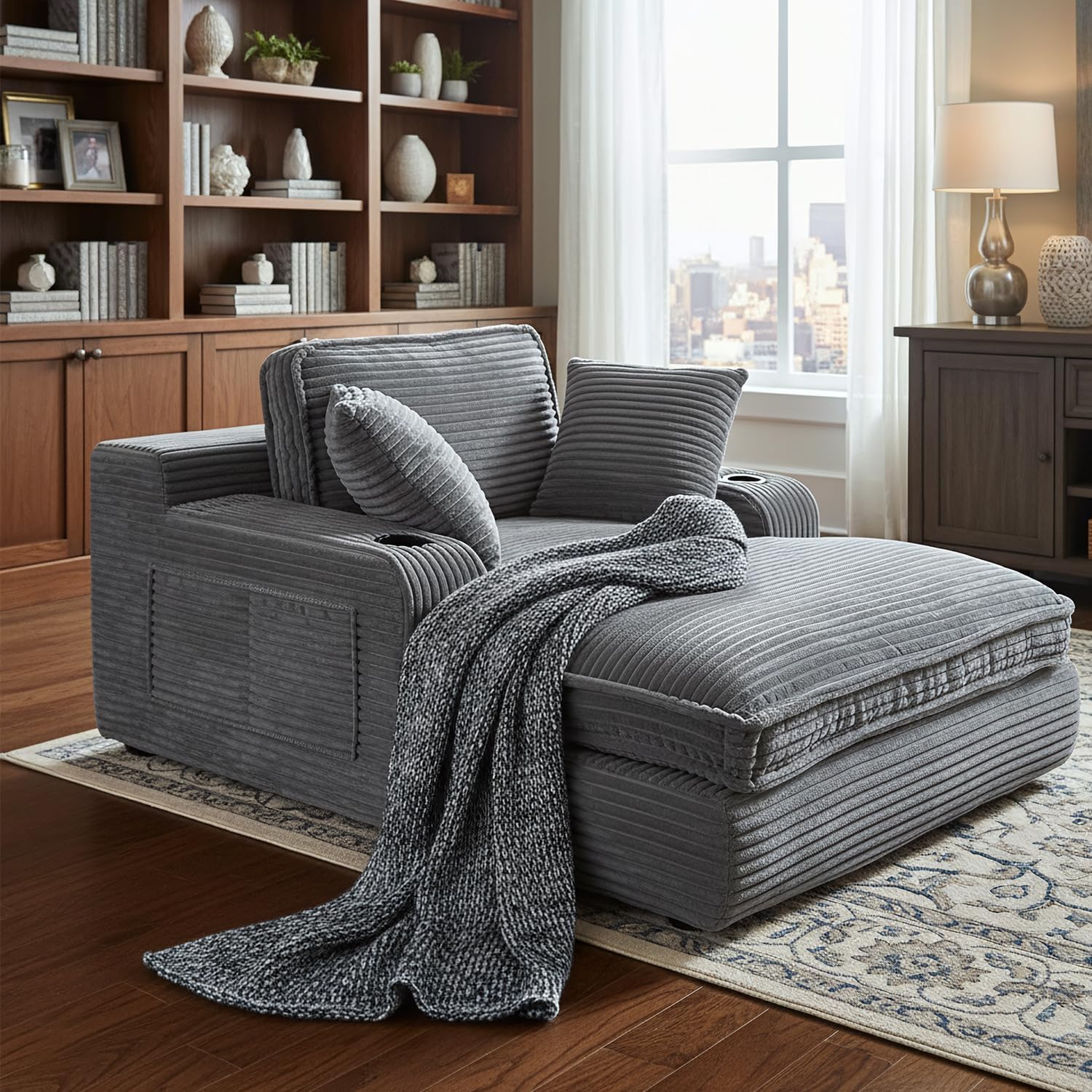 67" Oversized Chaise Lounge Chair Indoor, Soft Boneless Cloud Couch with 3 Pillows, 4 Side Pockets and 2 Cup Holders, Comfy Corduroy Sleeper Couch for Living Room Bedroom